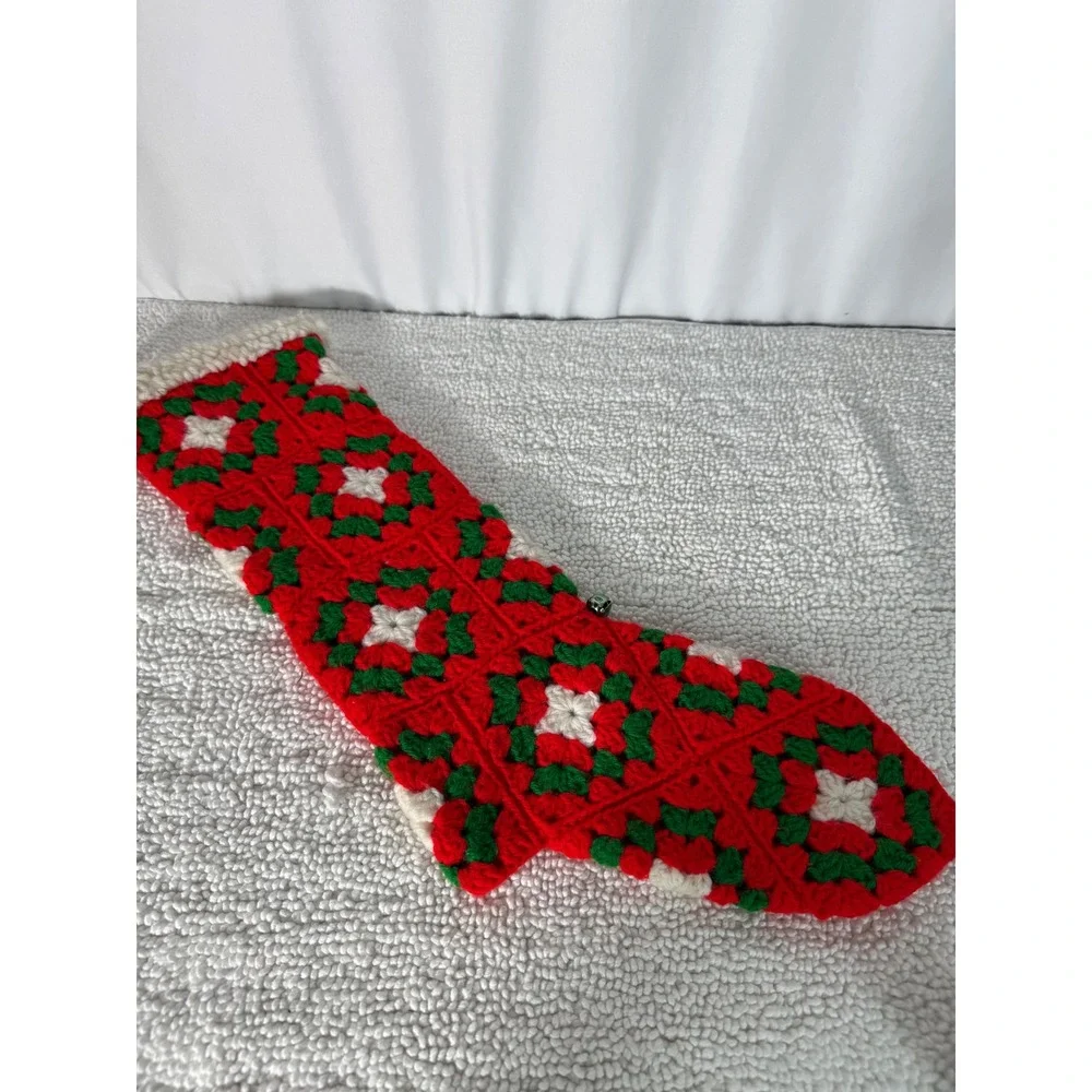 VTG Hand Crocheted Christmas Stockings Red Green White Holly Star Motif Set of 2